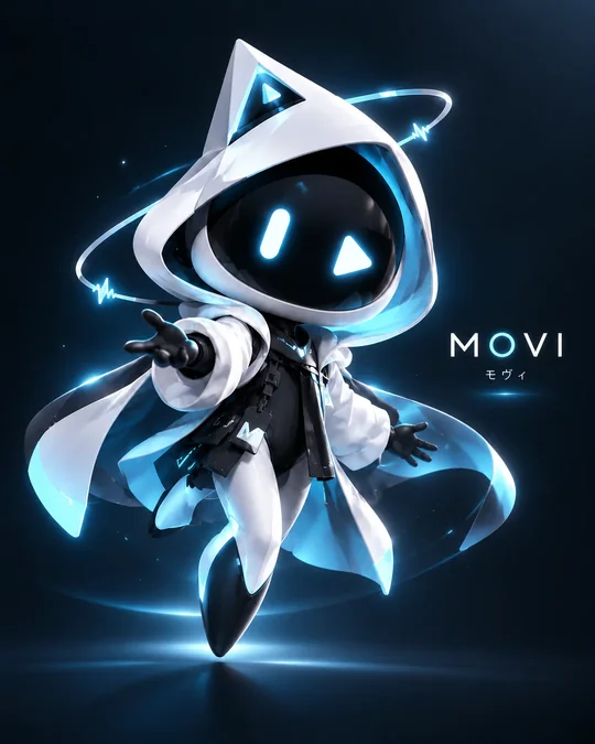 モヴィの公式イラスト。白いフードと光る目、まわりに水色の波形のリボン。右に「MOVI モヴィ」の文字